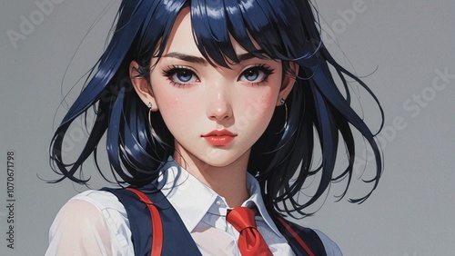 Young cute girl with long hair in anime style. beautiful anime girl portrait. Generative AI photo