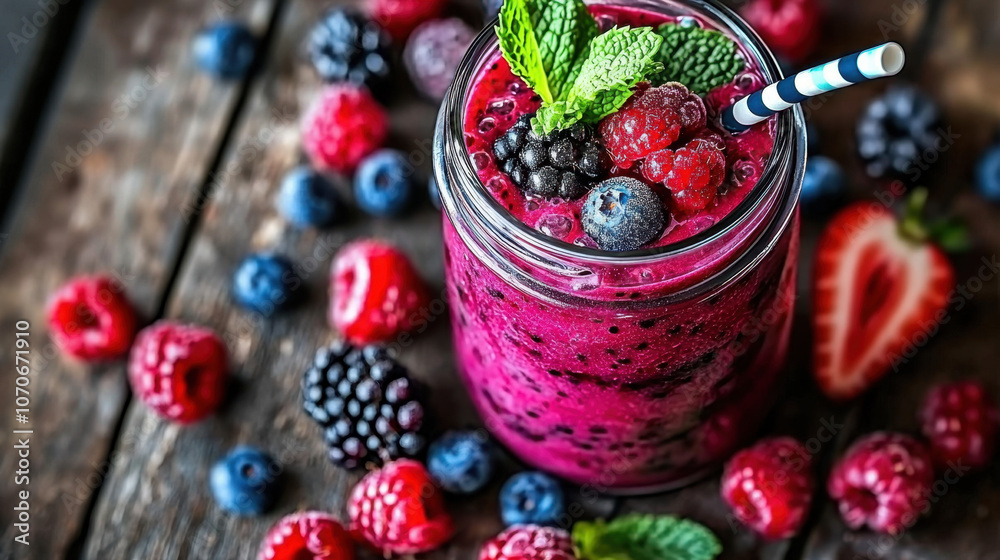A vibrant smoothie in a jar, garnished with mint and surrounded by fresh berries on a rustic wooden surface.