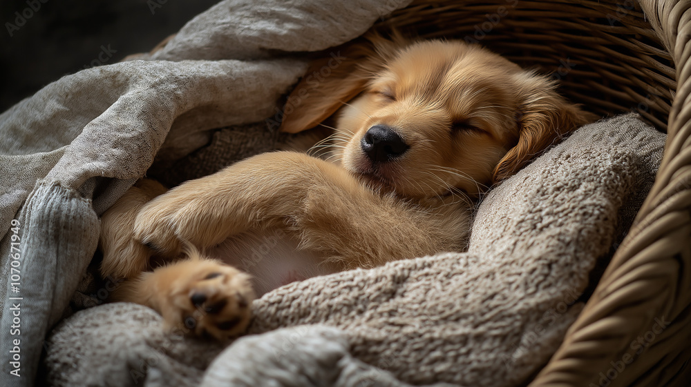 A cute fluffy puppy peacefully sleeping in a woven basket A cute fluffy puppy peacefully sleeping in a woven basket