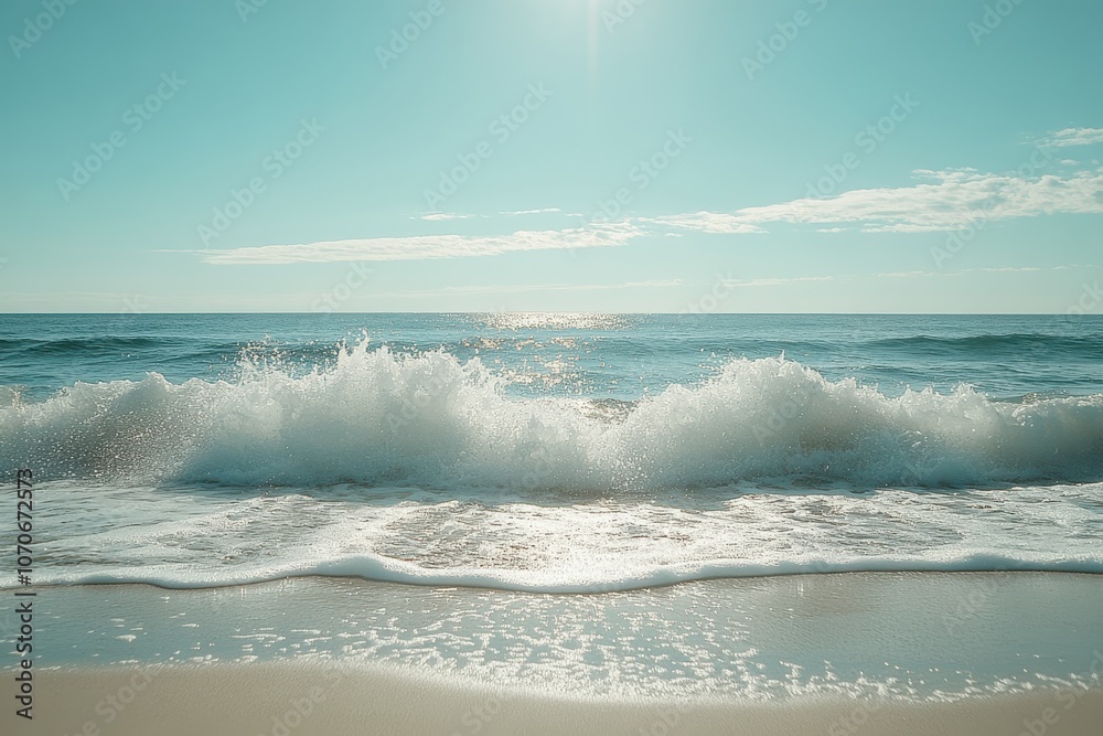 Fototapeta premium Waves Crashing onto Empty Beach Under Sunlight
