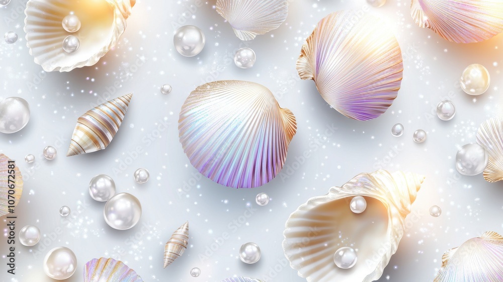 A serene arrangement of seashells and pearls shimmering on a soft, iridescent background. A serene arrangement of seashells and pearls shimmering on a soft, iridescent background.