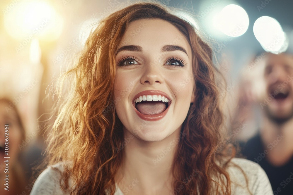 A woman with red hair is smiling and laughing A woman with red hair is smiling and laughing