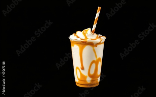 A cold, creamy milkshake with caramel topping and a striped straw sits on a black background photo