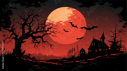 Halloween Castle house silhouette and fly bat on full moon background. Vector illustration flat design for banner, poster, wallpaper, and background.