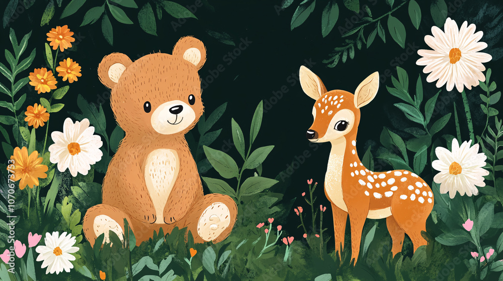 Naklejka premium A cute hand-drawn illustration of a teddy bear and a baby deer fawn in a jungle garden with flowers and leaves