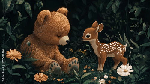 A cute hand-drawn illustration of a teddy bear and a baby deer fawn in a jungle garden with flowers and leaves