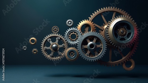 A collection of gears and wheels are scattered across a blue background
