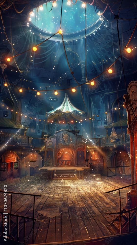 Obraz premium Indoor circus stage: wooden platform, throne chair, red velvet curtains, ornate pillars. Dome ceiling, yellow lights, dreamlike setting. Abandoned ambiance.