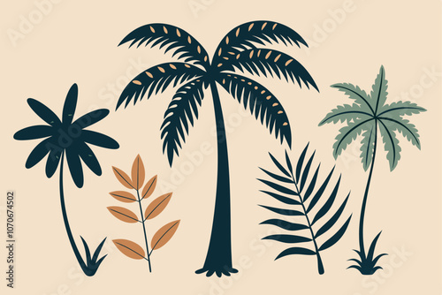 Hand drawn tropical palm trees. Vector set of hawaii beach palm tree, fern and frond outline, botany flora tropical