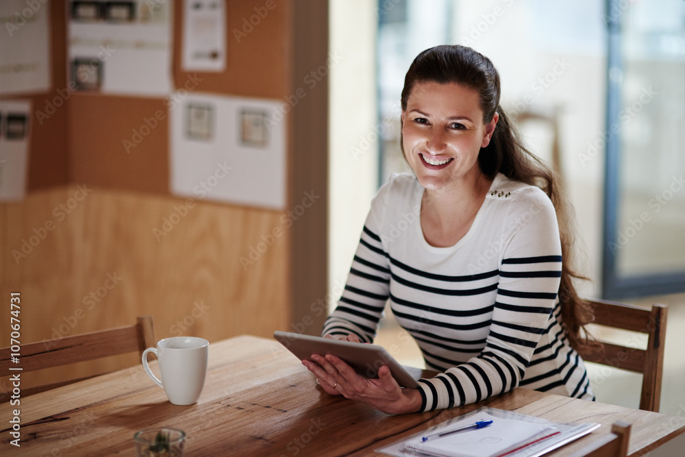 Business woman, happy and tablet for networking, communication or client feedback in office. Employee, technology and portrait in workplace for report review, project research or development proposal