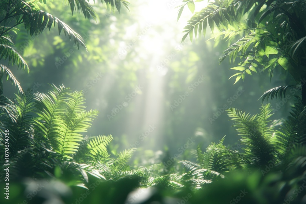 Fototapeta premium Lush Green Jungle with Diffused Light Through Foliage