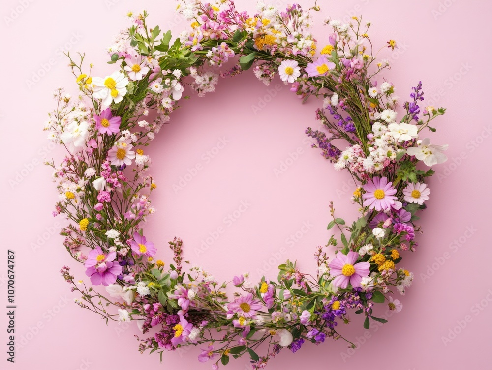 Flower wreath with a pink and white background Flower wreath with a pink and white background