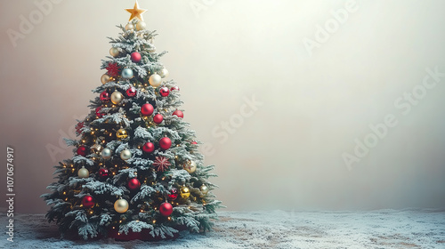 Aesthetic beautifully decorated Christmas tree adorned with twinkling lights and colorful ornaments with copy space