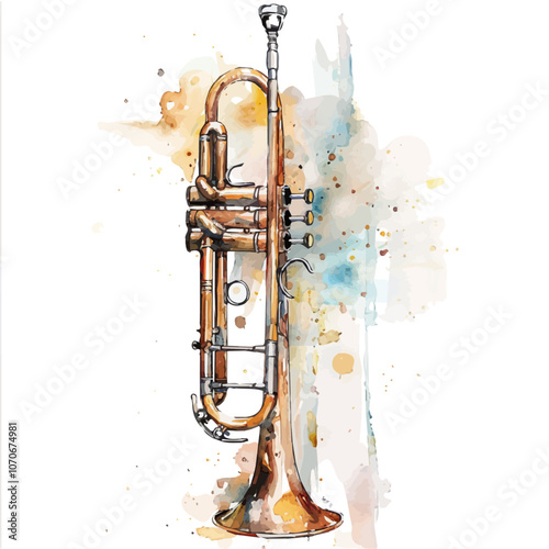 A watercolor vector of a trumpet, isolated on a white background.
