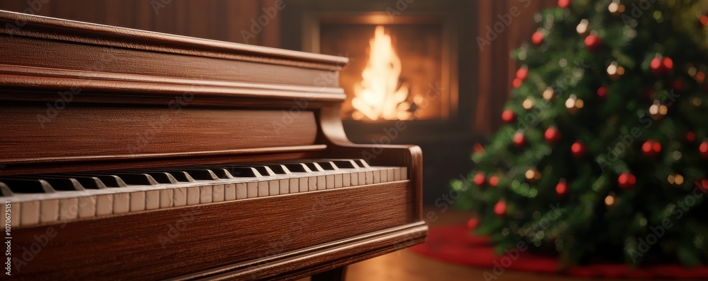 A cozy scene featuring a piano, a crackling fireplace, and a decorated Christmas tree, evoking warm holiday feelings. A cozy scene featuring a piano, a crackling fireplace, and a decorated Christmas tree, evoking warm holiday feelings.