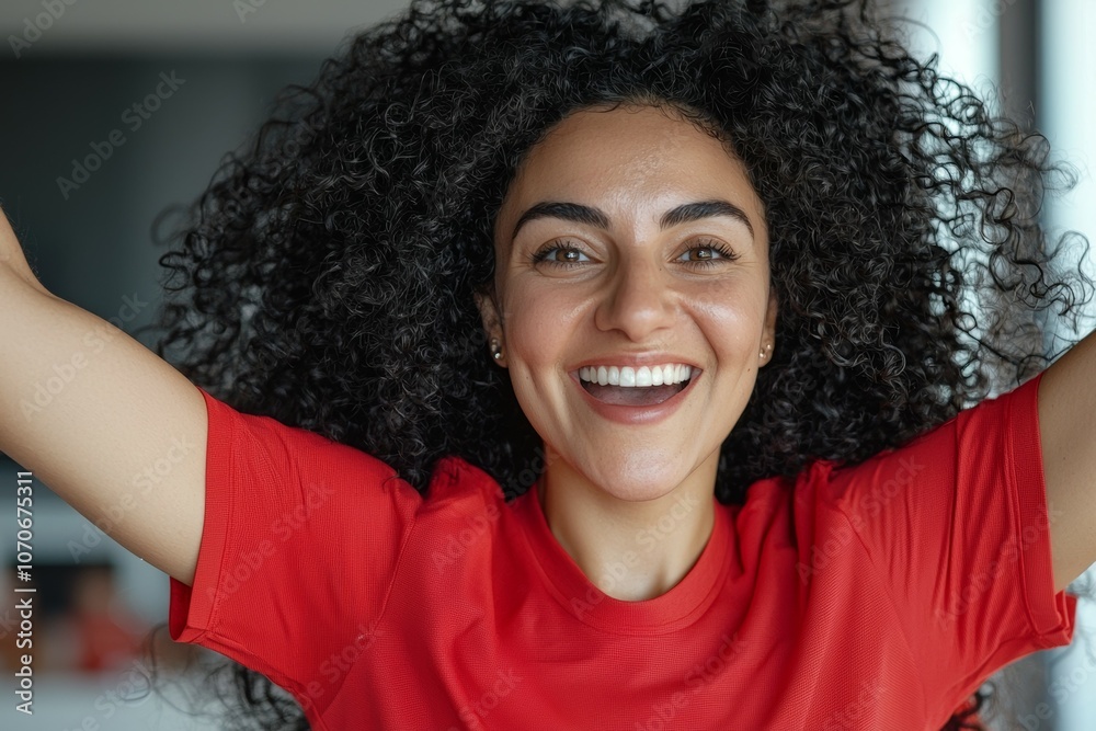 A woman with curly hair is smiling and wearing a red shirt A woman with curly hair is smiling and wearing a red shirt