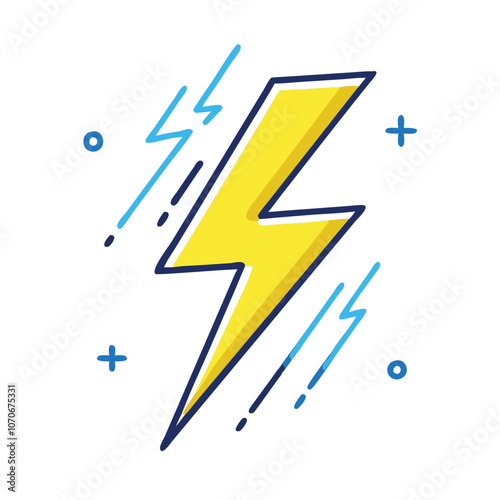 Yellow Lightning Bolt Icon with Blue Accents, Bright yellow lightning bolt icon with blue accents and dynamic lines, symbolizing energy, power, speed, and electricity.
