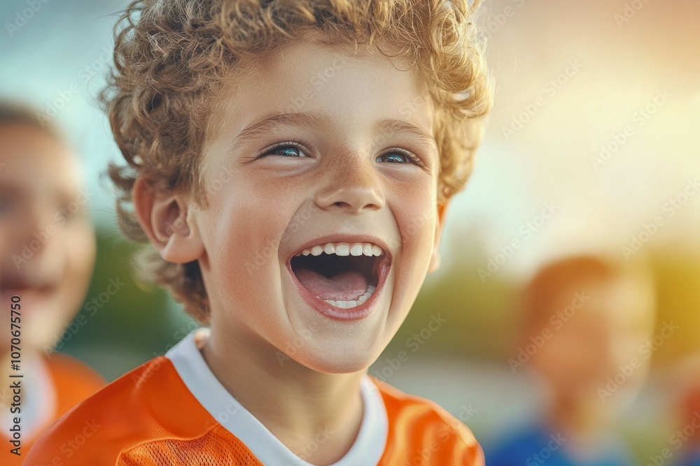 A young boy with curly hair is smiling and laughing A young boy with curly hair is smiling and laughing