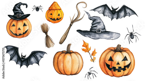 A set of pumpkins, witch broom, hat, bat, spider for Halloween, hand painted in watercolor. Illustration for the design of postcards, banners for Halloween. Scary with isolated on a white background.