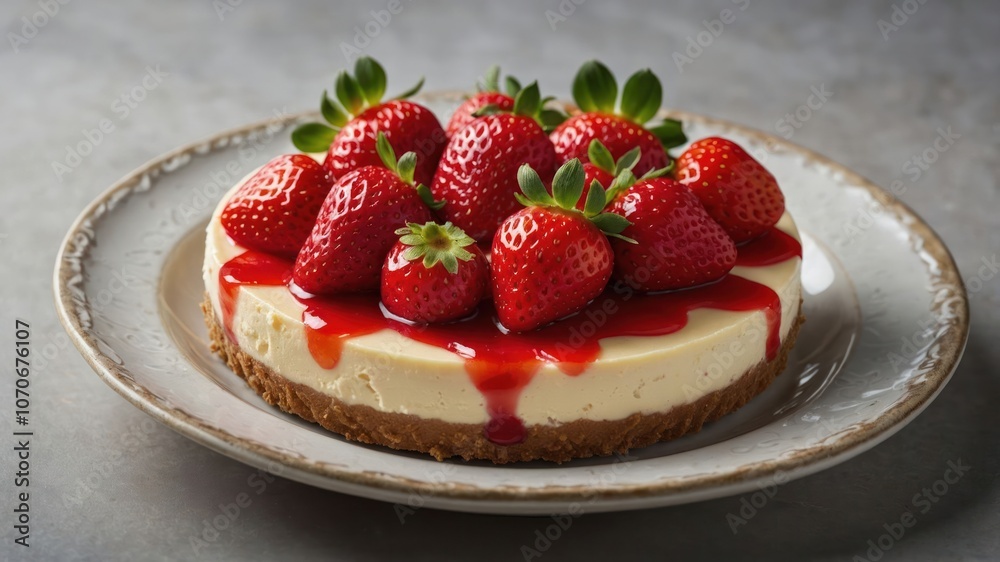 A delicious cheesecake topped with fresh strawberries and strawberry sauce. A delicious cheesecake topped with fresh strawberries and strawberry sauce.