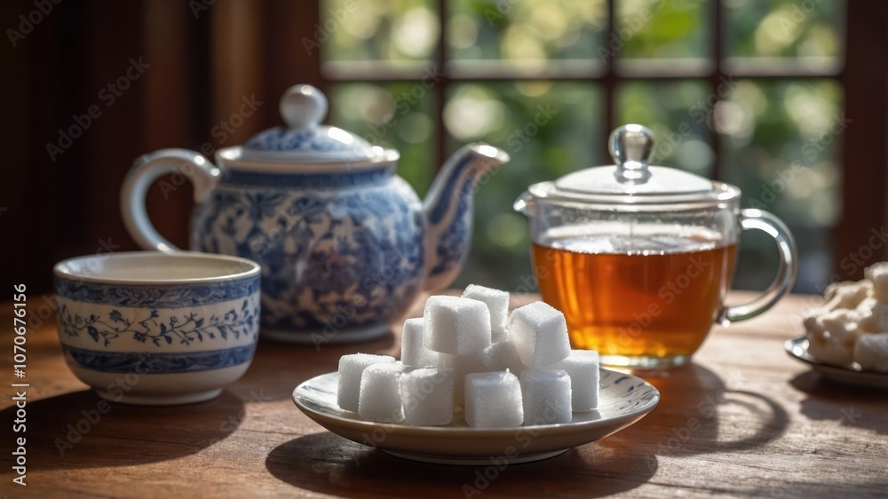 A serene tea setting with a teapot, cup, and sugar cubes, inviting relaxation and enjoyment. A serene tea setting with a teapot, cup, and sugar cubes, inviting relaxation and enjoyment.
