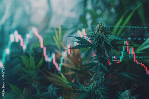 Cannabis Plant with Stock Market Trends Background