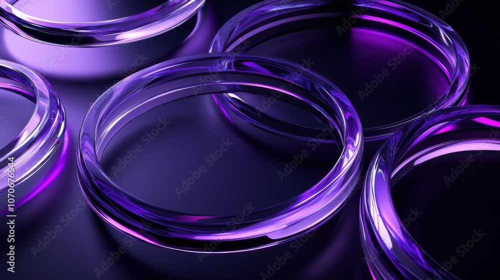 Elegant translucent purple rings arranged artfully on a dark background, creating a captivating modern aesthetic. Elegant translucent purple rings arranged artfully on a dark background, creating a captivating modern aesthetic.