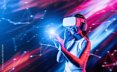 Smart female standing in cyberpunk style building in meta wear VR headset connecting metaverse, future cyberspace community technology, Woman use finger touching virtual reality object. Hallucination.