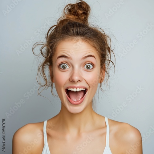 A joyful young woman with a messy bun shows excitement and charm against a light gray backdrop, embodying lively enthusiasm.