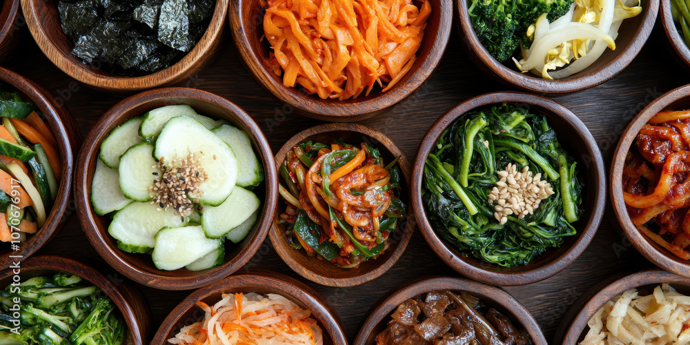 A vibrant array of colorful vegetable dishes served in wooden bowls, showcasing fresh ingredients and traditional presentation. A vibrant array of colorful vegetable dishes served in wooden bowls, showcasing fresh ingredients and traditional presentation.