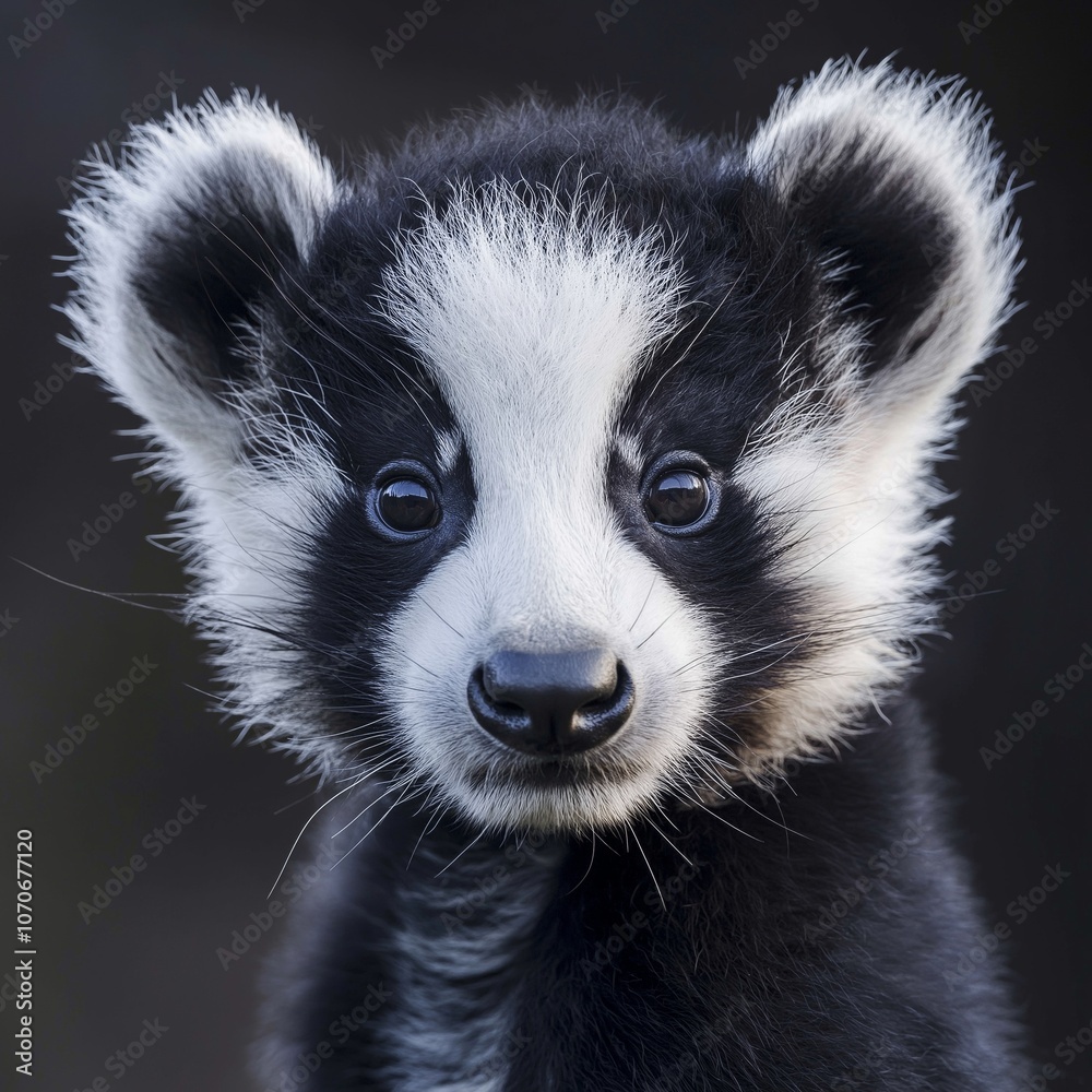 Obraz premium A close-up of a black and white baby badger cub with striking fur, looking directly at the camera.