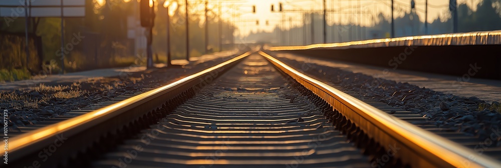Railroad tracks shine as the sun sets, casting a golden hue and creating a warm horizon in the distance. Railroad tracks shine as the sun sets, casting a golden hue and creating a warm horizon in the distance.