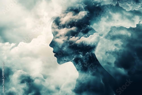 A mysterious silhouette of a human face is interwoven with clouds, portraying introspection and contemplation. photo