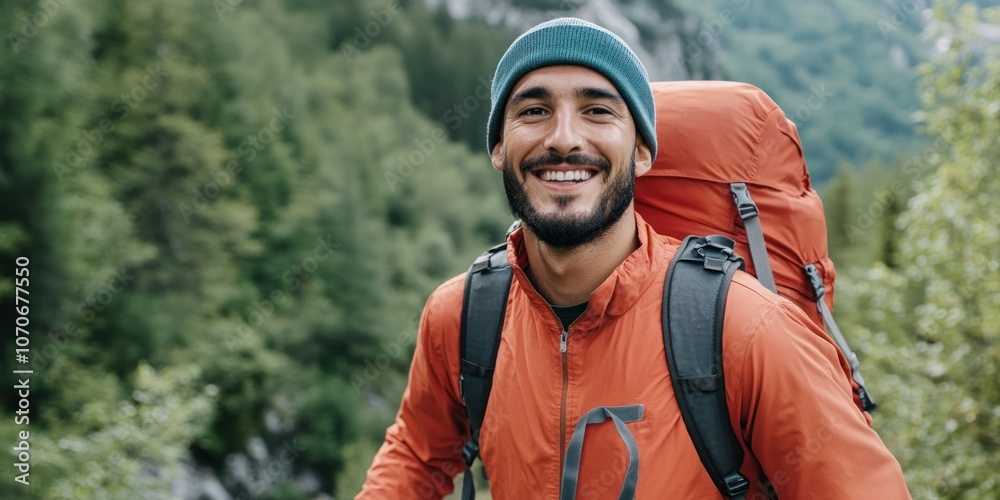 A man is happily participating in Rucking wearing a bright orange jacket and a blue cap surrounded by lush greenery radiating joy and a passion for outdoor activities A man is happily participating in Rucking wearing a bright orange jacket and a blue cap surrounded by lush greenery radiating joy and a passion for outdoor activities