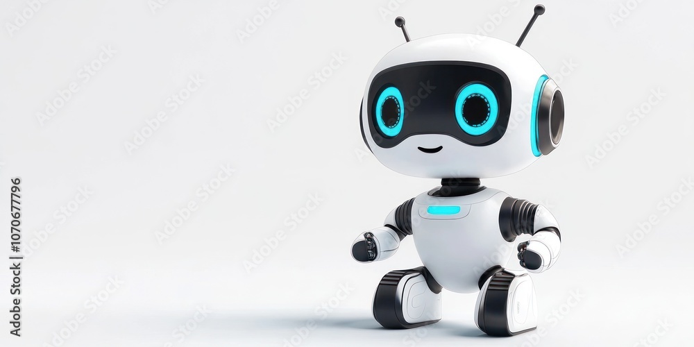 A playful cartoon robot is depicted against a clean white background. This friendly technology symbolizes advancements in home assistance and intelligent business solutions A playful cartoon robot is depicted against a clean white background. This friendly technology symbolizes advancements in home assistance and intelligent business solutions