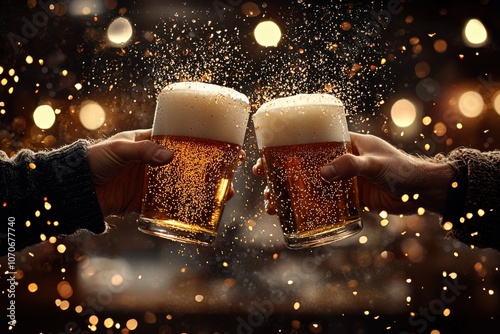 Celebrate life with frosty beer mugs clinking together in a cozy dimly lit pub atmosphere photo