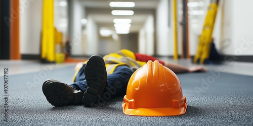 A worker lies on a building floor with fallen helmet, underlining accident importance in workplace safety awareness. photo