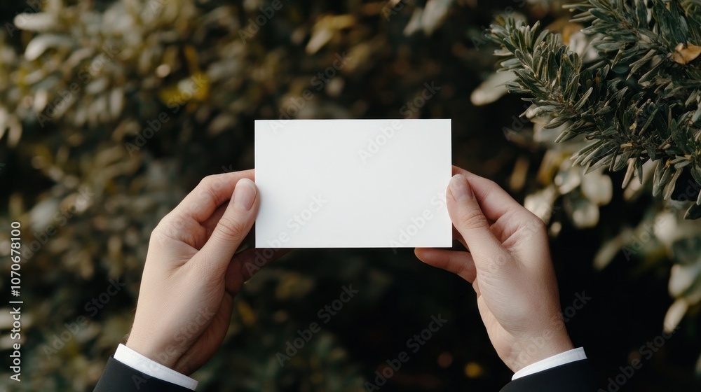 A chic person presents a white mockup for a business card standing in a tranquil outdoor space. The blurred surroundings enhance the focus on the card and the person\'s hands