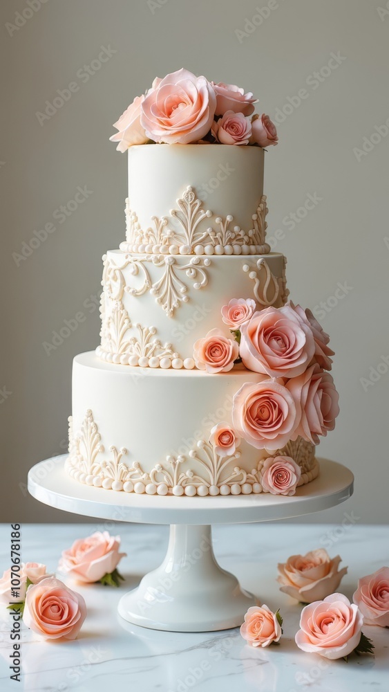 A three tier wedding cake with pink roses and pearls A three tier wedding cake with pink roses and pearls