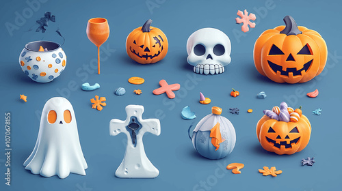 Happy Halloween Sale Discount Background with Pumpkin Jack-O-Lantern, Witch Hat, Ghosts, and Spooky Decorations. Perfect for Trick or Treat Celebrations, Holiday Parties, and October 31st Festivities.