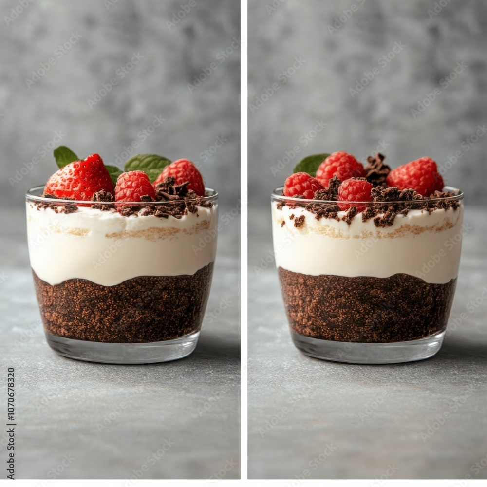 Decadent Berry and Cream Dessert with Chocolate Crumble in Glass Decadent Berry and Cream Dessert with Chocolate Crumble in Glass
