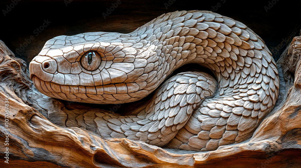 Fototapeta premium Sculpture d'un serpent sur du bois