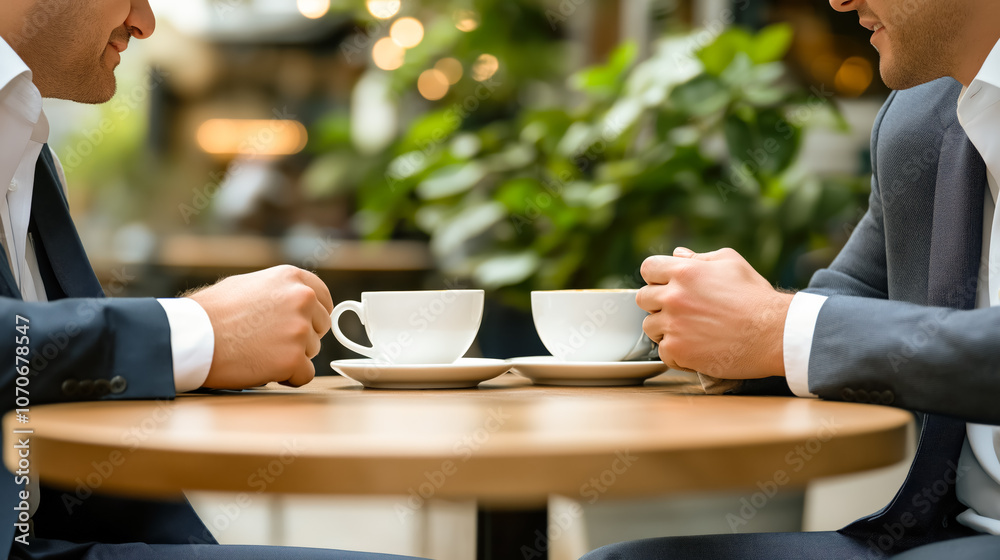 Fototapeta premium Two professionals in suits share a coffee at an outdoor café, engaged in a conversation over a wooden table