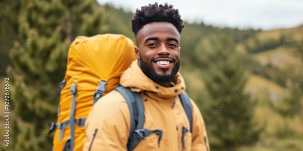 The man is engaged in rucking wearing a cheerful smile while gazing at the camera. He is dressed in outdoor gear with a bright yellow backpack set against a picturesque backdrop The man is engaged in rucking wearing a cheerful smile while gazing at the camera. He is dressed in outdoor gear with a bright yellow backpack set against a picturesque backdrop
