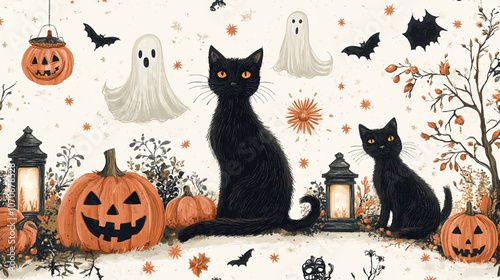 Illustrate a seamless pattern with a vintage Halloween feel, including classic elements like black cats, lanterns, and Victorian style ghosts vector graphic illustration. photo