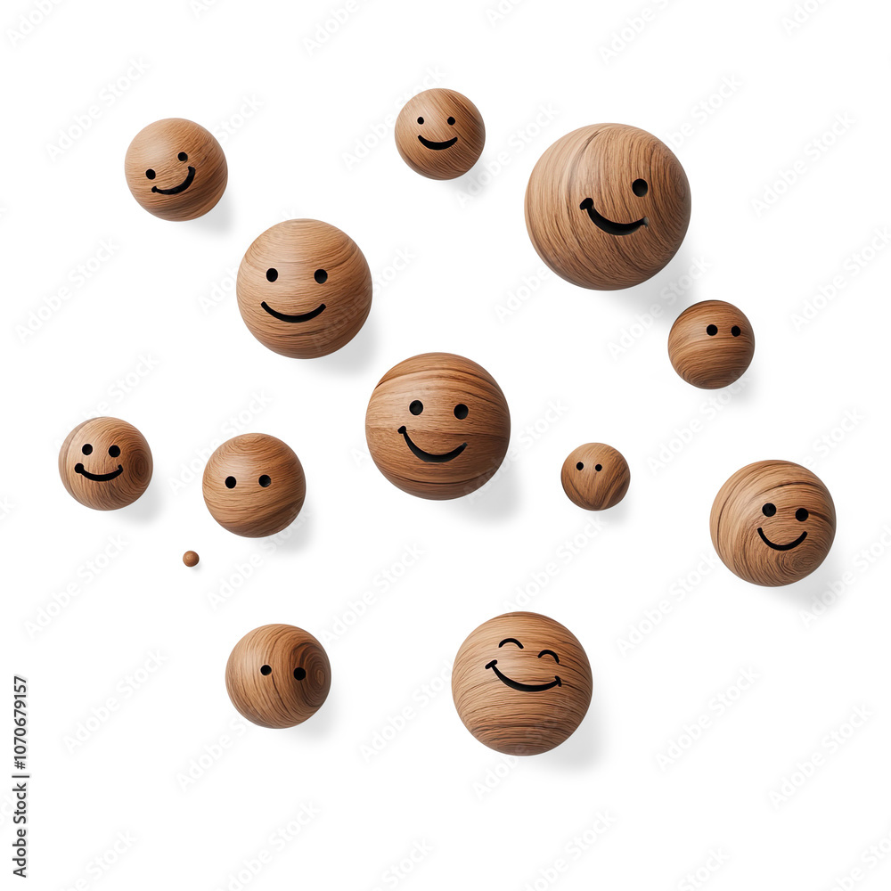 Floating Wooden Spheres with Smiling Faces on a Transparent Background Floating Wooden Spheres with Smiling Faces on a Transparent Background