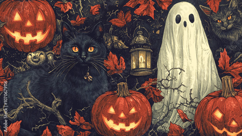 Illustrate a seamless pattern with a vintage Halloween feel, including classic elements like black cats, lanterns, and Victorian style ghosts vector graphic illustration.