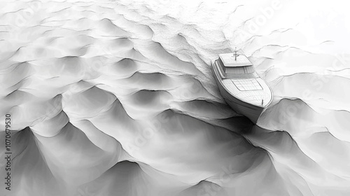 Imagine a boat cruising through still water forming waves, line art, creative, hand drawn of aerial view vector illustration black and white background.