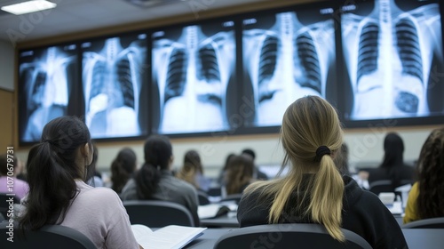 Chest X-rays are shown on large screens as medical students pay close attention to a lecture.