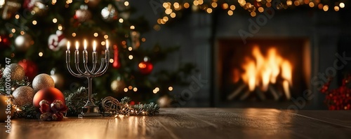 A cozy holiday scene featuring a glowing fireplace, decorated Christmas tree, and candles, creating a warm and festive atmosphere. photo